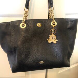 Coach Womens Black Polished Pebble Leather Turnlock Chain Tote 27 Bag